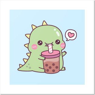 Cute Dino Loves Boba Tea Posters and Art